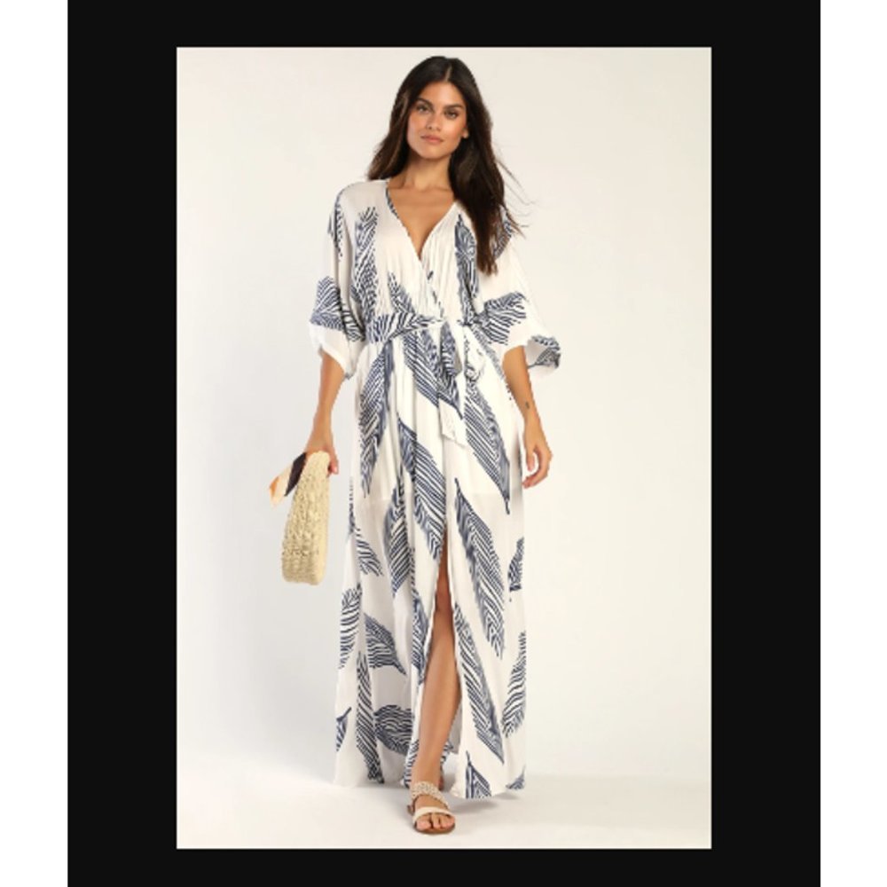 Lulus Womens Size Small Maxi Dress White Blue Sign Of The Times Flowy Beachy - Picture 3 of 16